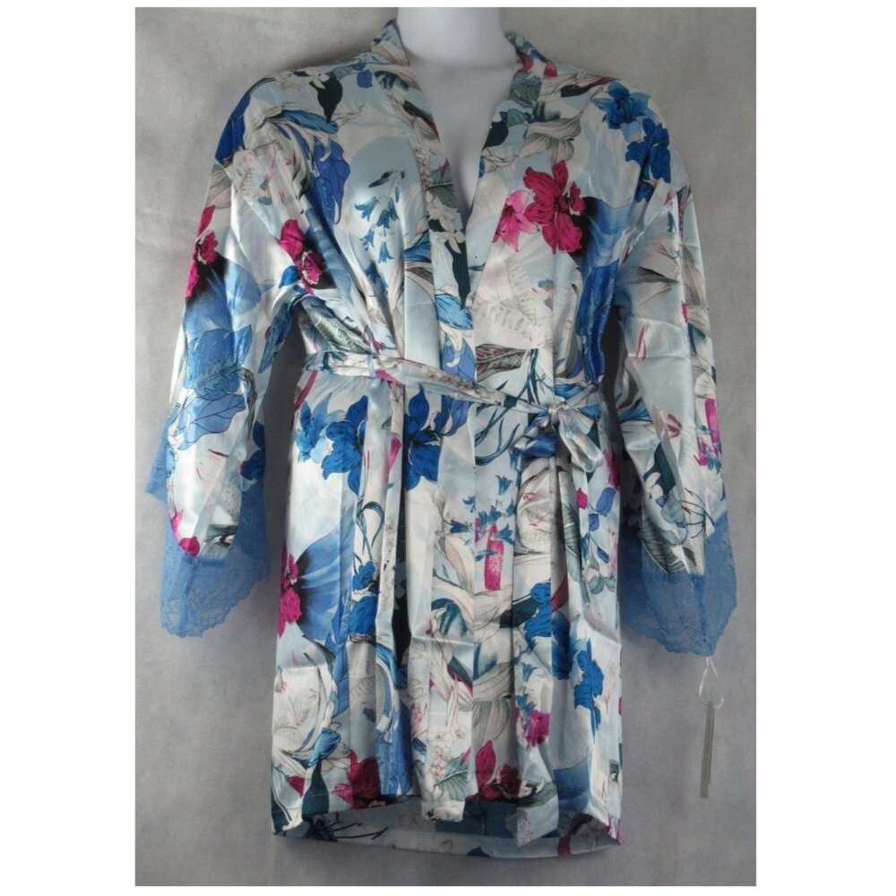 Linea Donatella Women's Lace-Trim Satin Short Robe, Floral Multi, L/XL